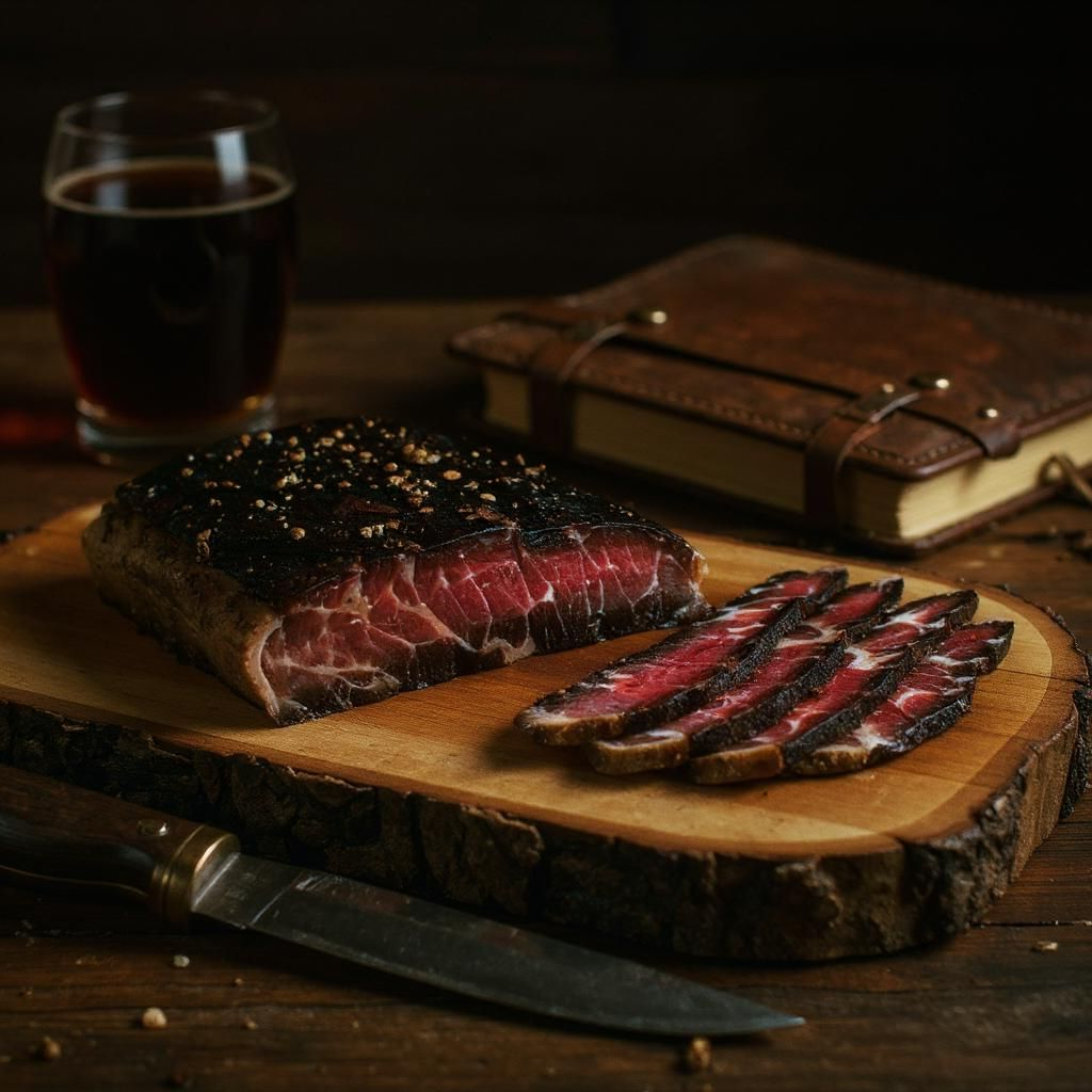 Sliced beef on a wooden board with a glass of dark liquid and a knife in the background.